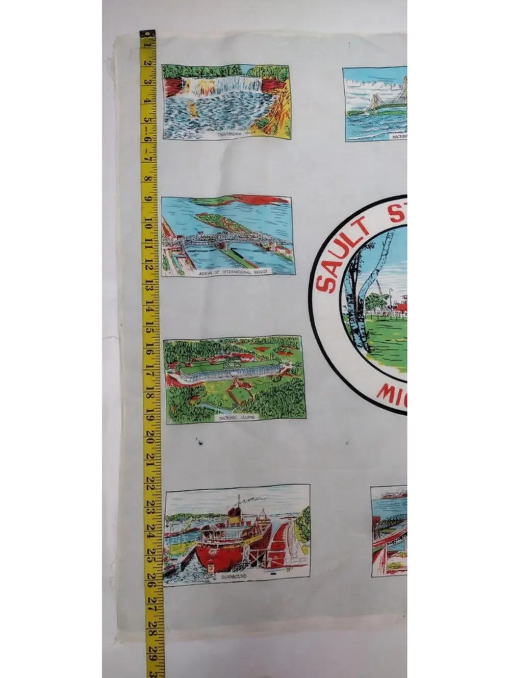 Vintage 1960s MICHIGAN SCARF SAULT STE. MARIE Souvenir Boat Ferry LARGE SIZE 28